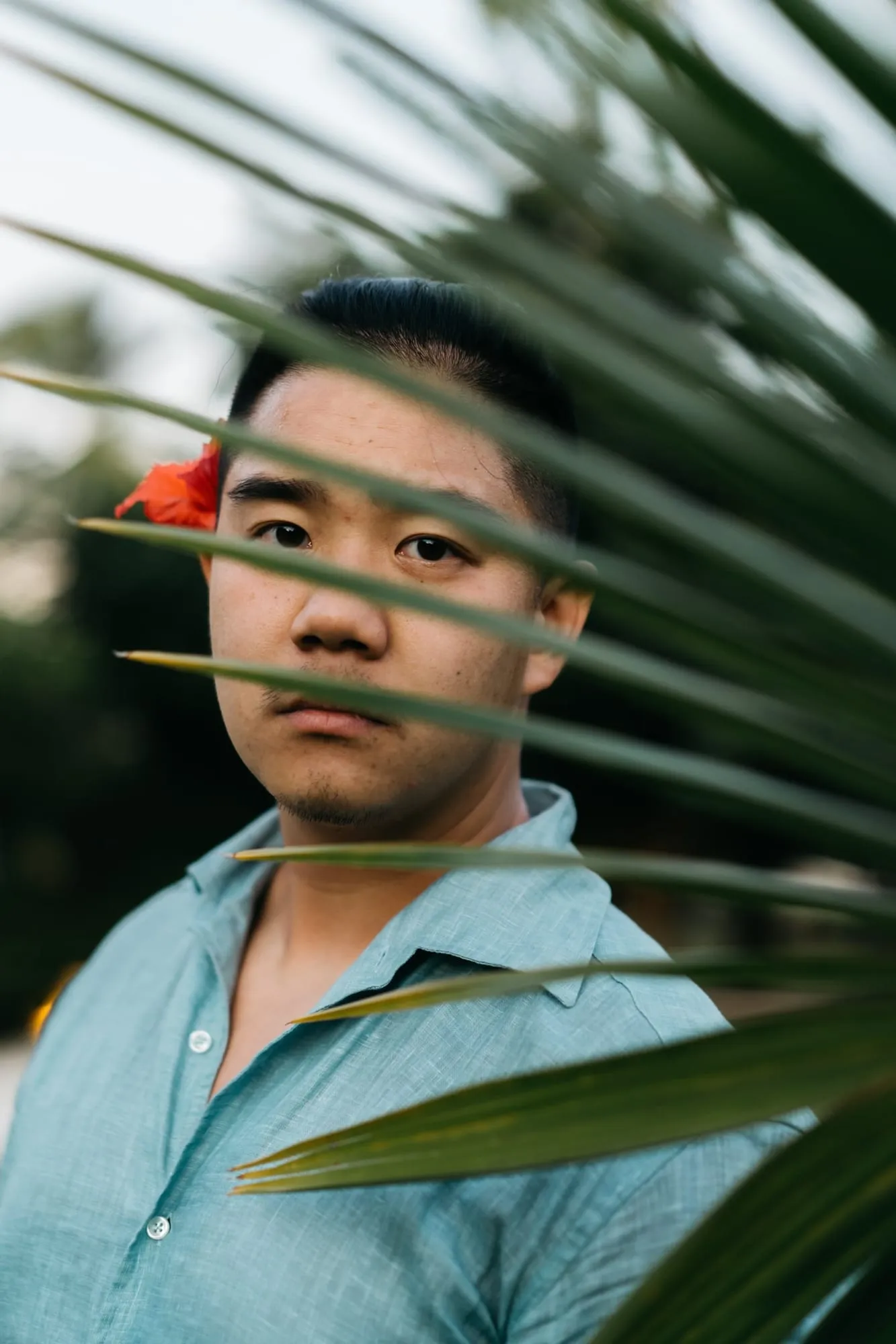 A man in a light blue shirt photographed through the fronds of a palm plant.